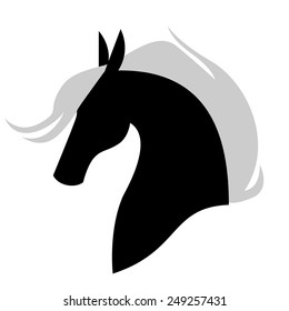 Vector illustrations of silhouette horses head in profile with long flowing mane