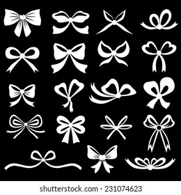 Vector illustrations of silhouette image of different white bow collection on black background
