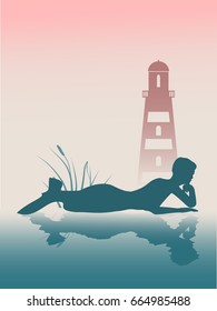 Vector illustrations of silhouette of lying beautiful mermaid. Short hair. Woman reflected in the ocean water. A figure in a waiting pose. Lighthouse at backdrop