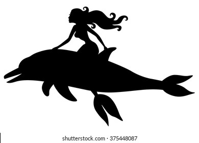 Vector illustrations of silhouette of a mermaid riding a dolphin