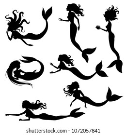 Vector illustrations of silhouette of mermaid set