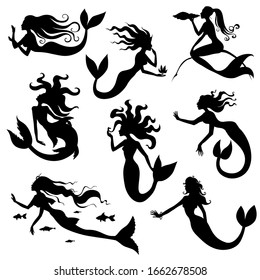 Vector illustrations of silhouette of mermaid set