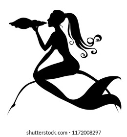 Vector illustrations of silhouette of mermaid with a shell in stone