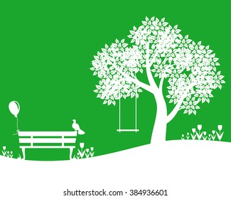 Vector illustrations of silhouette park landscape with tree, bench, swings, meadow on green background. Outdoor