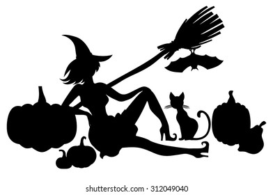 Vector illustrations of silhouette pretty witch and pumpkins, cat, bat