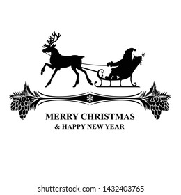 Vector illustrations of silhouette of Santa Claus sitting in a sleigh, reindeer who pull greeting icon