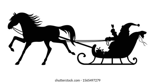 Vector illustrations of silhouette of Santa Claus rides a horse-drawn sleigh