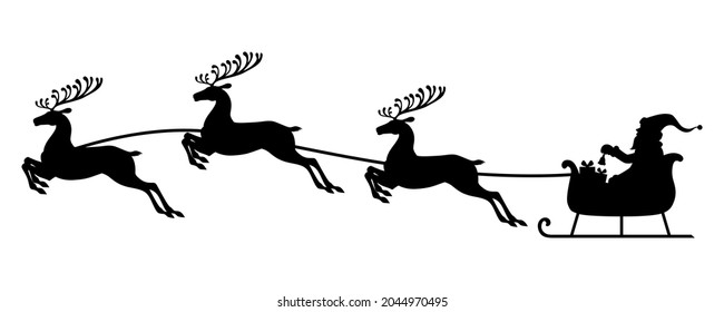 Vector illustrations of silhouette of Santa Claus flying on reindeer sleigh