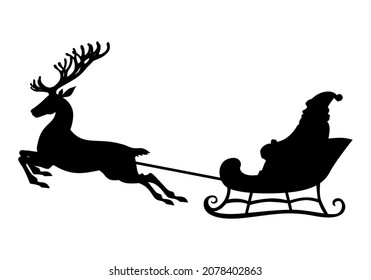 Vector illustrations of silhouette of Santa Claus flying on reindeer sleigh
