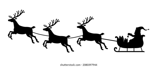 Vector illustrations of silhouette of Santa Claus flying on reindeer sleigh