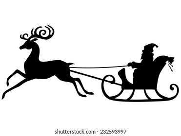 Vector illustrations of silhouette Santa Claus rides in a sleigh pulled by a beautiful deer antlered