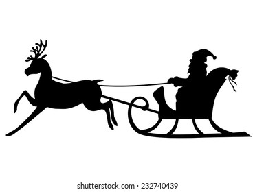 Vector illustrations of silhouette Santa Claus rides in a sleigh pulled by a cute deer