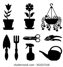 Vector illustrations of silhouette set of window pot plants and tools for their care