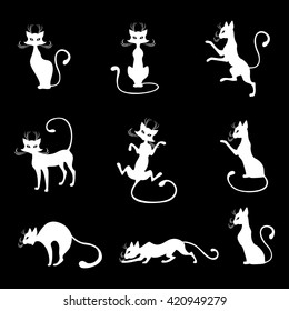 Vector illustrations of silhouette of white cats set on black background