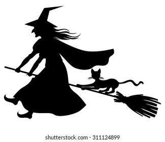Vector illustrations of silhouette witch and cat flying on broomstick