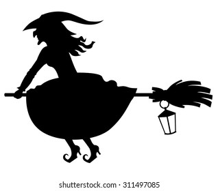 Vector illustrations of silhouette witch flying on broomstick and lantern