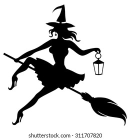 Vector illustrations of silhouette witch flying on broomstick holding a lantern
