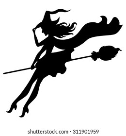 Vector illustrations of silhouette witch flying on broomstick down