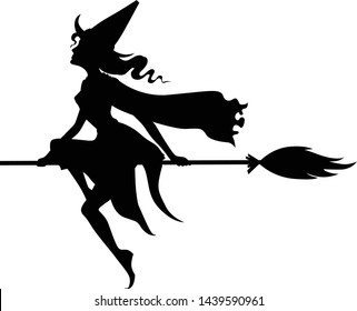 Vector illustrations of silhouette witch with hat on broom fly