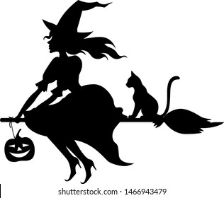 Vector illustrations of silhouette witch with hat on broom fly and cat