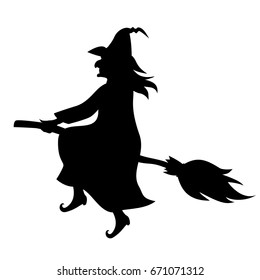 Vector illustrations of silhouette witch with hat on broom fly