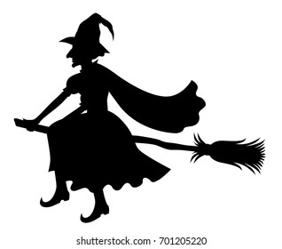 Vector illustrations of silhouette witch with hat and cloak on broom fly