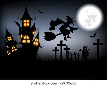 Vector illustrations of silhouette of witch on broomstick flying fast