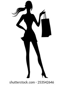 Vector illustrations of  Silhouette of woman with shopping bags in hand