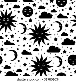 Vector illustrations of silhouettes of celestial bodies, seamless pattern