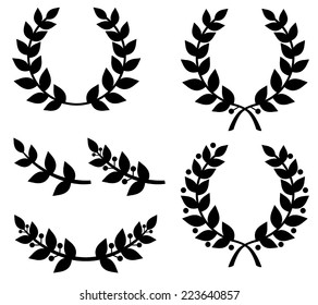 Vector illustrations of silhouettes set of different laurel wreaths and laurel branches