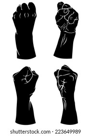 Vector illustrations of silhouettes set of hands with fingers folded into a fist in different poses