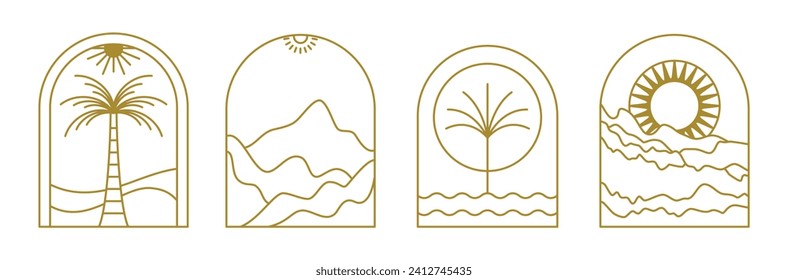 Vector illustrations in simple line style, boho abstract prints, simple arcs with natural landscapes with mountains and hills, stairs and mystic elements, logo design and print template, summer hotel,