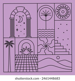 Vector illustrations in simple line style, boho abstract prints, simple arcs with natural landscapes with mountains and hills, stairs and mystic elements, logo design and print template