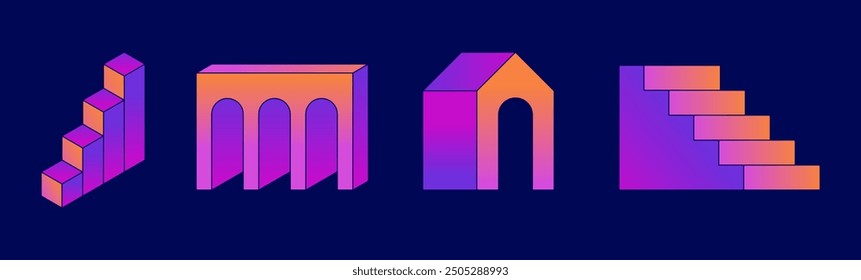Vector illustrations in simple line style, boho abstract prints, simple arcs with natural landscapes with mountains and hills, stairs and mystic elements, logo design and print template, summer hotel,
