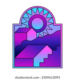 Vector illustrations in simple line style, boho abstract prints, simple arcs with natural landscapes with mountains and hills, stairs and mystic elements, logo design and print template