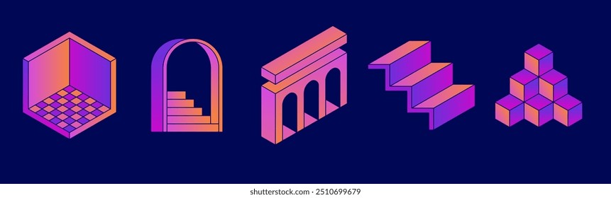 Ilustrações vetoriais em estilo de linha simples, impressões abstratas boho, arcos simples com paisagens naturais com montanhas e colinas, escadas e elementos místicos, design de logotipo e modelo de impressão