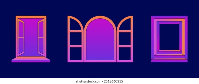 Vector illustrations in simple line style, boho abstract prints, simple arcs with natural landscapes with mountains and hills, stairs and mystic elements, logo design and print template