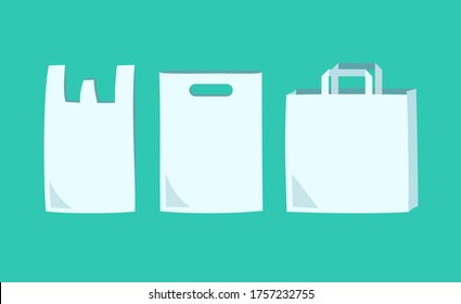 Ilustraciones vectoriales de simples bolsas de compras, bolsas plásticas y bolsas de papel con la imagen de actividades ecológicas.
