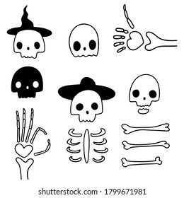 Vector illustrations of simple skeletons on white background. Drawn by hand halloween doodle set of skeletons and bones for different decorative spooky designs. Skeleton gesture. Thumbs up.