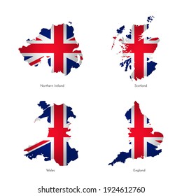 Vector illustrations with simplified maps of regions of United Kingdom (Scotland, England, Northern Ireland, Wales). National british flag with cross (red, white, blue colors). Union Jack