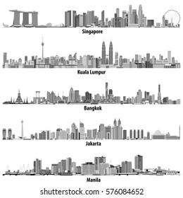 vector illustrations of Singapore, Kuala Lumpur, Bangkok, Jakarta and Manila skylines in black and white color palette