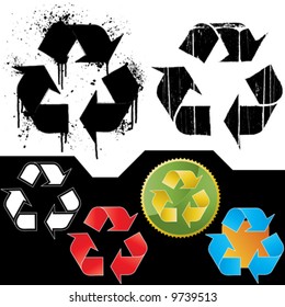 Vector illustrations of six different ecology symbol icons: two isolated grungy icons (splatter and dirt textured - highly detailed) and four symbol icon badges.