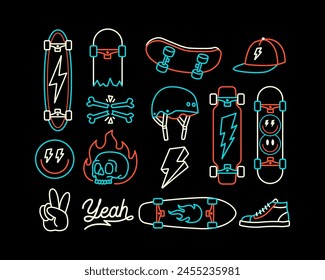 Vector illustrations of skateboard themed line art objects, including lightning, peace hand sign, hat, shoes, skull, hat, helmet and skateboard.