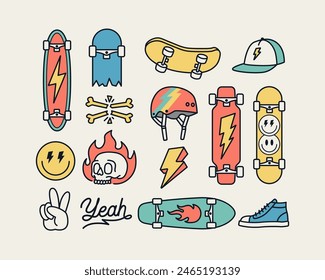 Vector illustrations of skateboard themed line art objects, including lightning, peace hand sign, hat, shoes, skull, helmet, and skateboards.