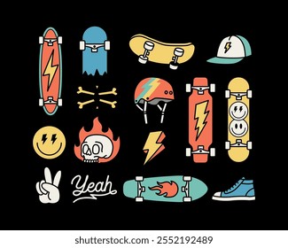 Vector illustrations of skateboard-themed line art objects, including lightning, peace hand signs, hats, shoes, skulls, helmets, and skateboards.