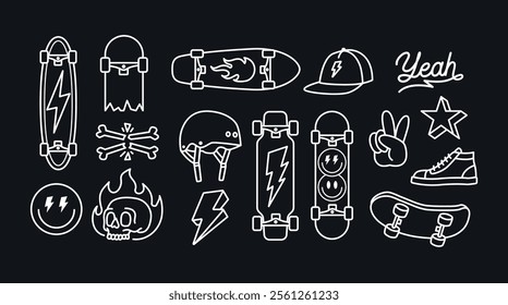 Vector illustrations of skateboard-themed line art objects, including lightning, peace hand signs, hats, shoes, skulls, helmets, and skateboards.