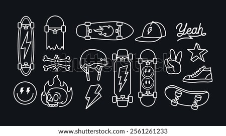 Vector illustrations of skateboard-themed line art objects, including lightning, peace hand signs, hats, shoes, skulls, helmets, and skateboards.