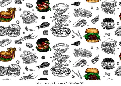 Ilustraciones vectoriales en estilo boceto con dibujos detallados de comida rápida, panecillos y otros alimentos. Dibujo detallado de alta calidad de todos los elementos.