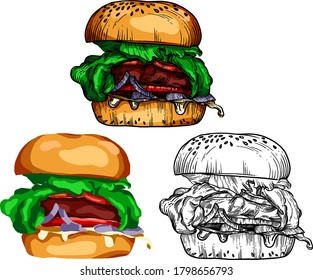 Ilustraciones vectoriales en estilo boceto con dibujos detallados de comida rápida, panecillos y otros alimentos. Dibujo detallado de alta calidad de todos los elementos.