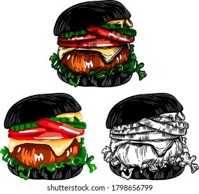 Ilustraciones vectoriales en estilo boceto con dibujos detallados de comida rápida, panecillos y otros alimentos. Dibujo detallado de alta calidad de todos los elementos.